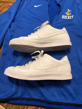 Nike White Low-Profile Leather Sneakers and quarter zip LSSU hockey sweatshirt